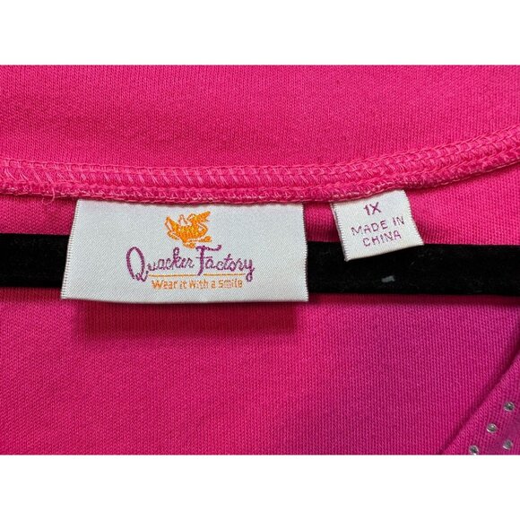 Quacker Factory Womens V-Neck Cotton T-Shirt  1X Pink Rhinestone Embellishment - Picture 2 of 10